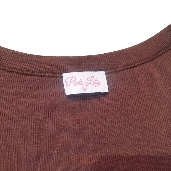 Pink Lily Women’s Brown Ribbed Scoop Neck Long Sleeve Regular Fit Size Medium - Picture 2 of 7